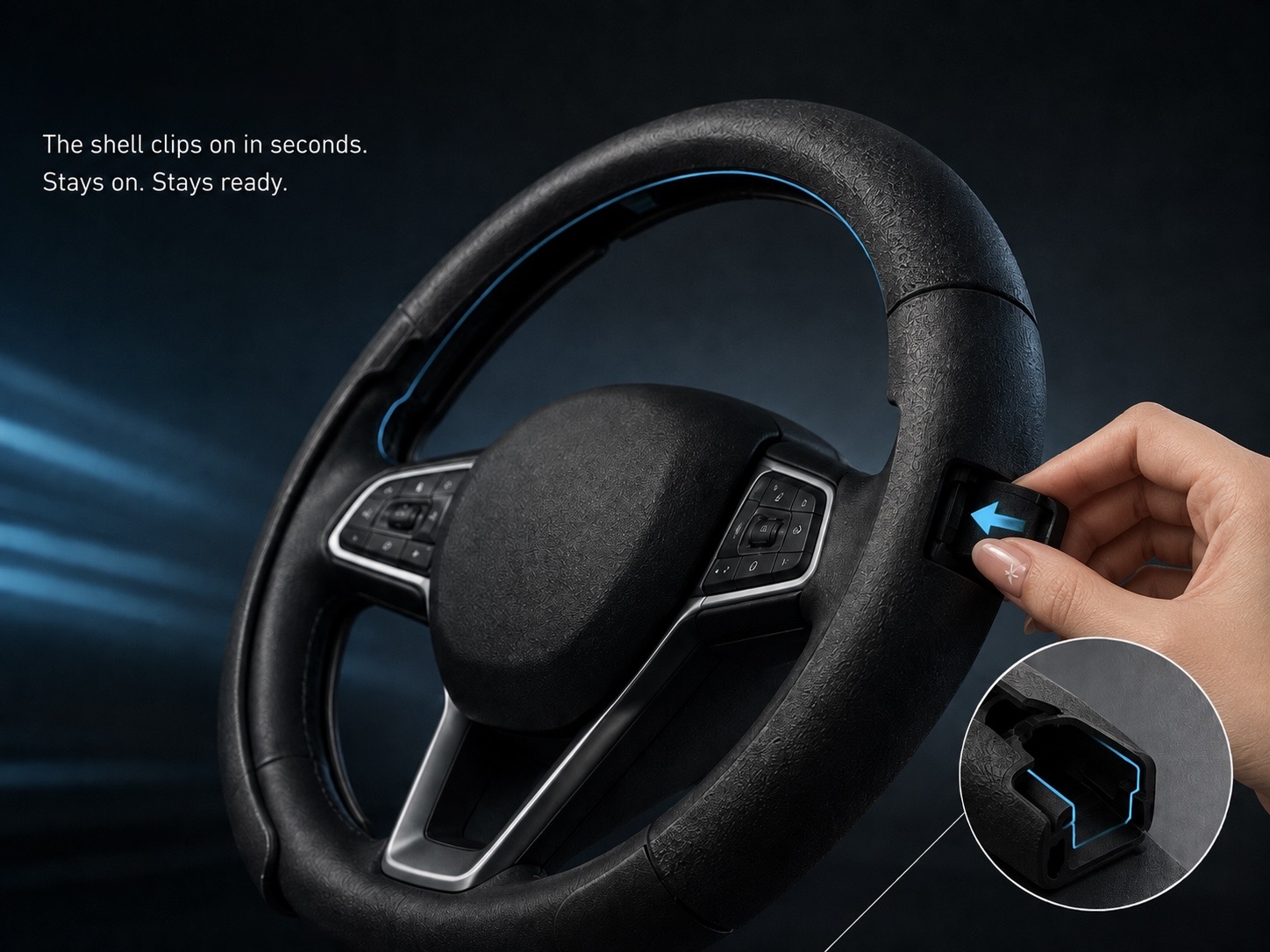 Concept visual of the fitted GlacéGrip shell on a steering wheel