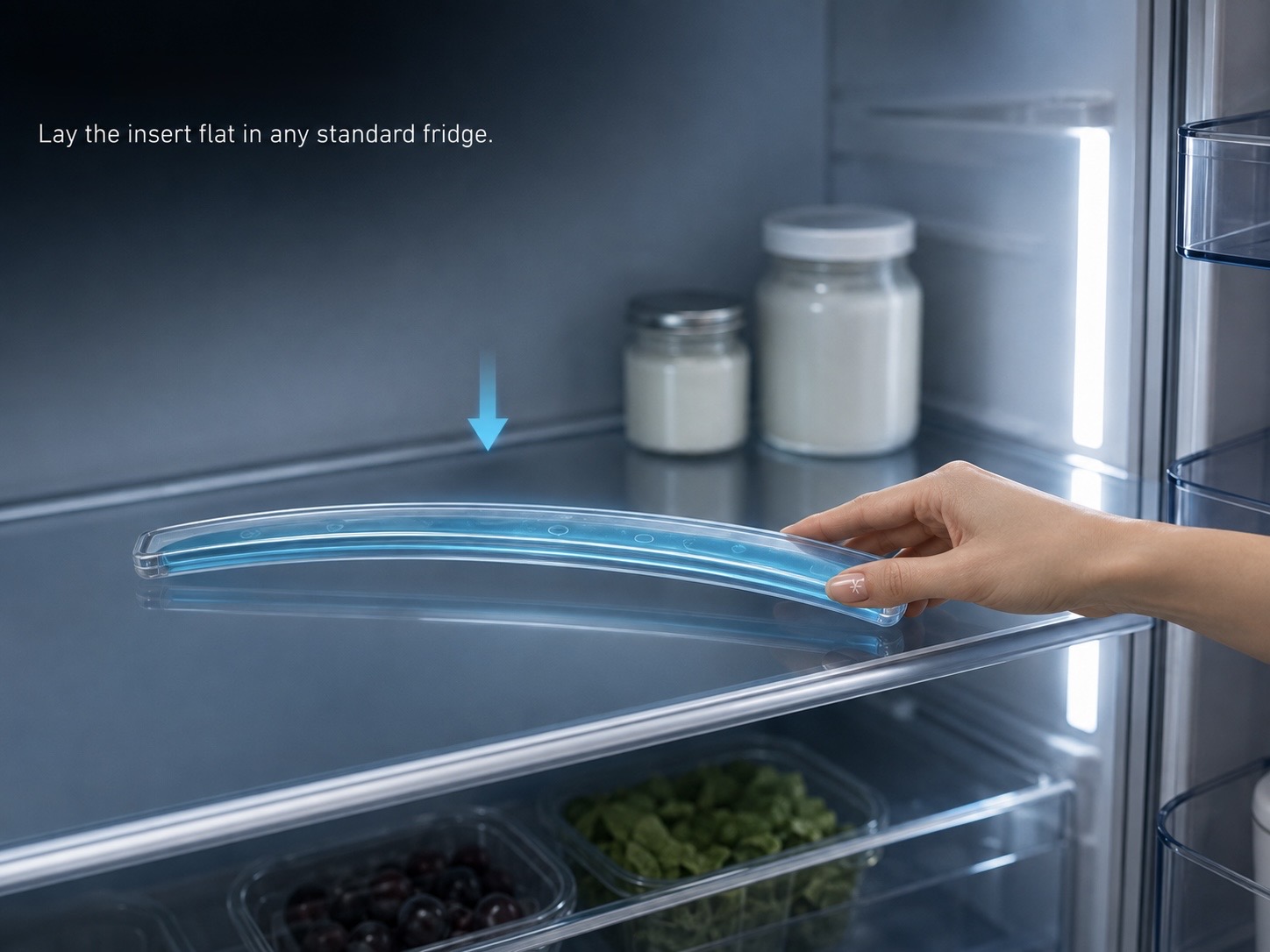 Concept visual of the removable GlacéGrip cooling core recharging flat in a refrigerator