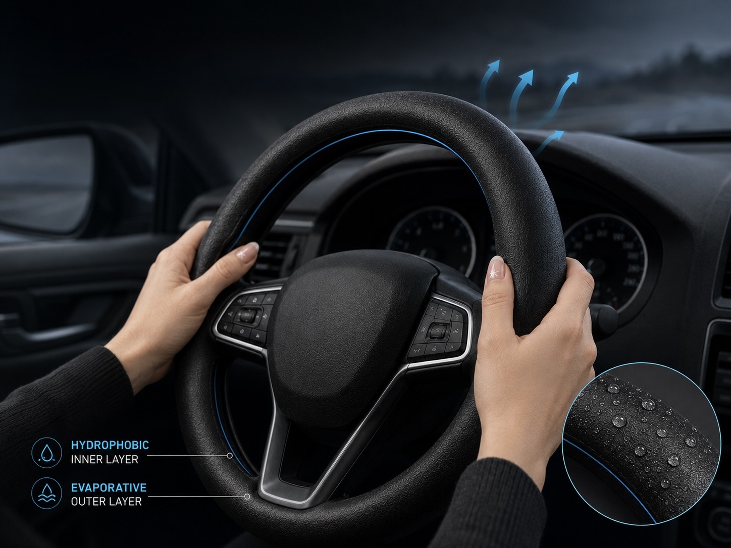 Concept visual of hands comfortably driving with the GlacéGrip sleeve installed